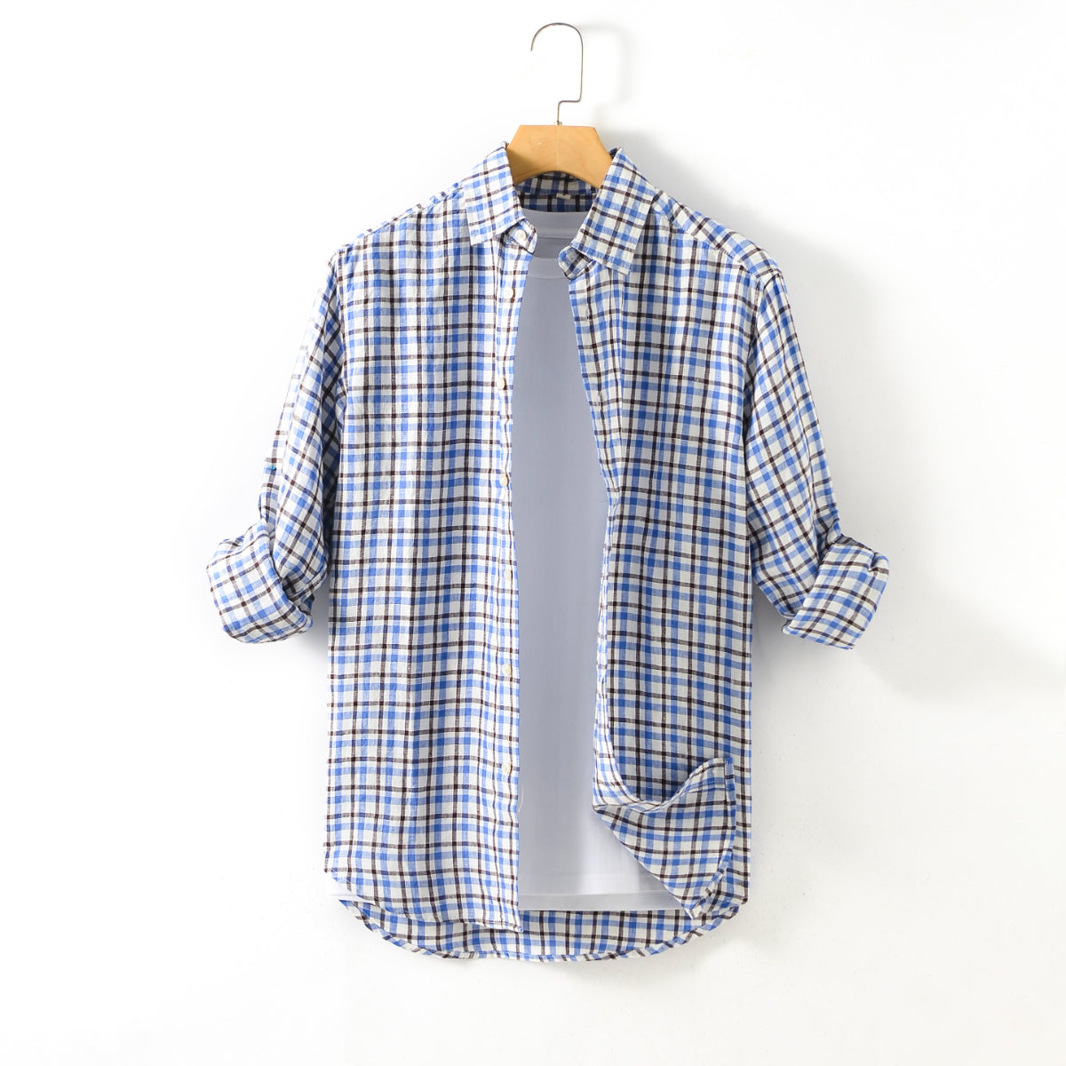 Men's 100% Linen long Sleeve casual checked shirt E019