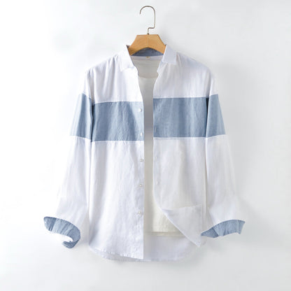 Men's 100% Linen long Sleeve casual Splicing shirt E018