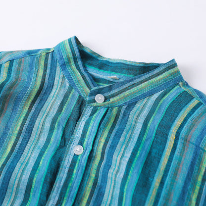 Men's 100% Linen Classic Colorful Striped Collarless Shirt B052