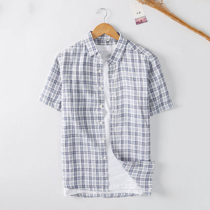 Men's 100% Linen Short Sleeve Plaid Shirt C048