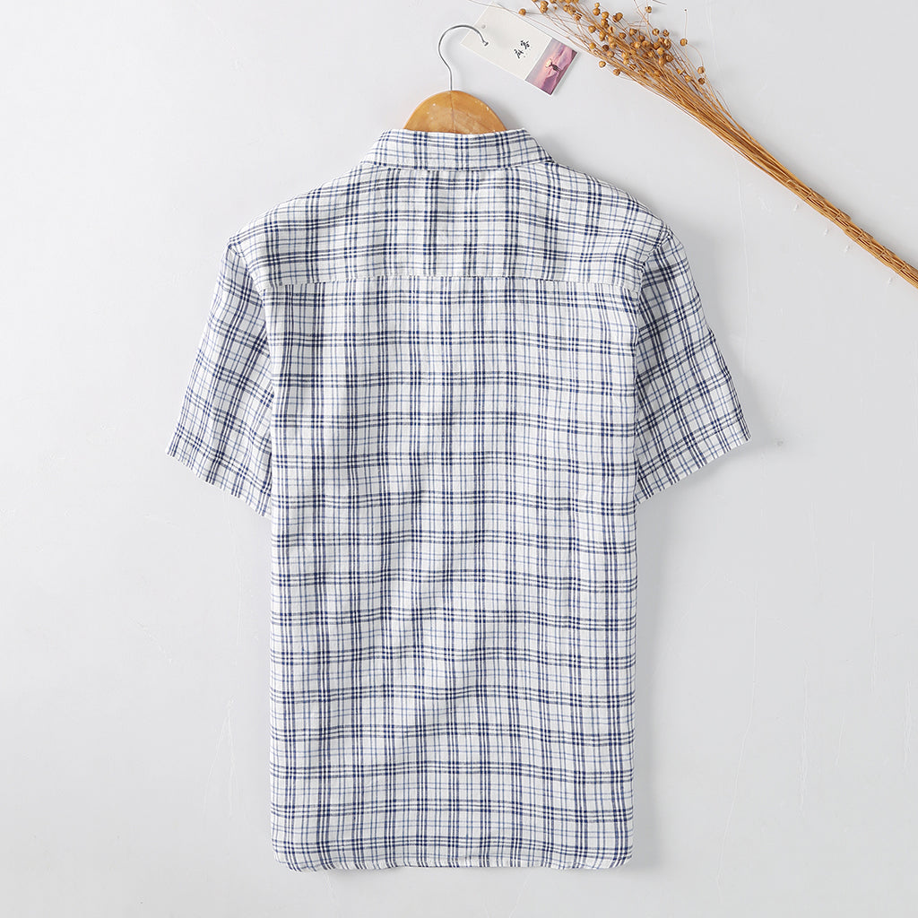 Men's 100% Linen Short Sleeve Plaid Shirt C048