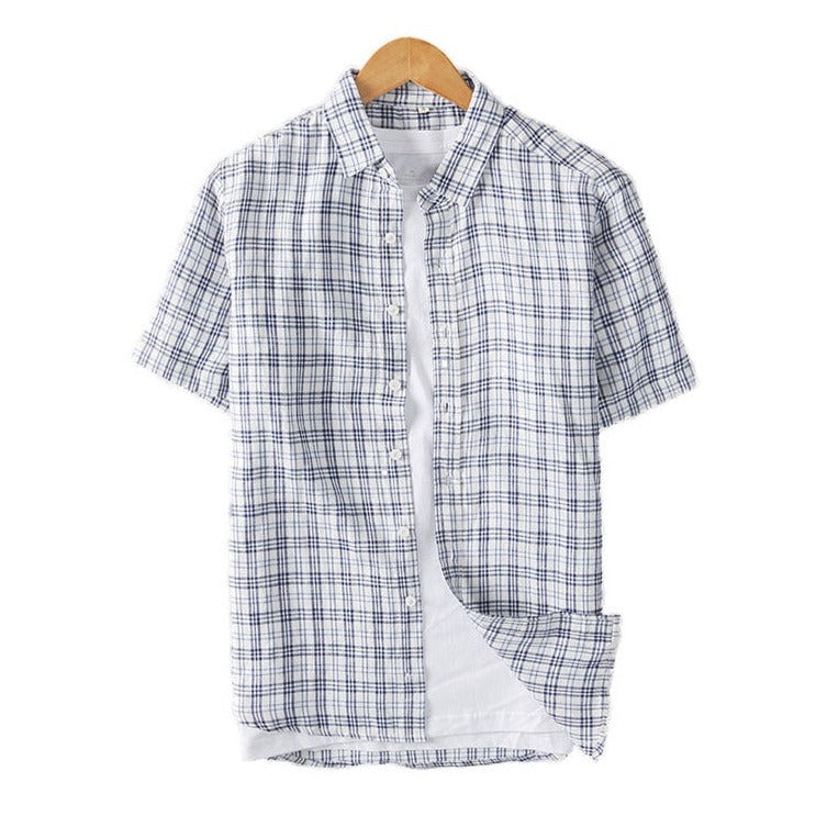 Men's 100% Linen Short Sleeve Plaid Shirt C048