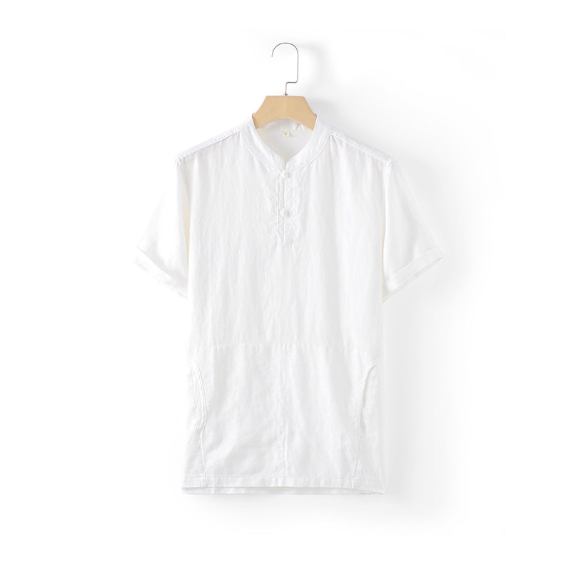 Men's Collarless Short Sleeve Linen Shirts With Pockets D011